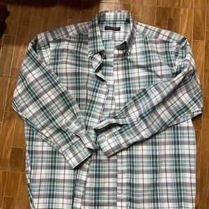 Men's Plaid Button-Down Shirt - Blue, Green, and White